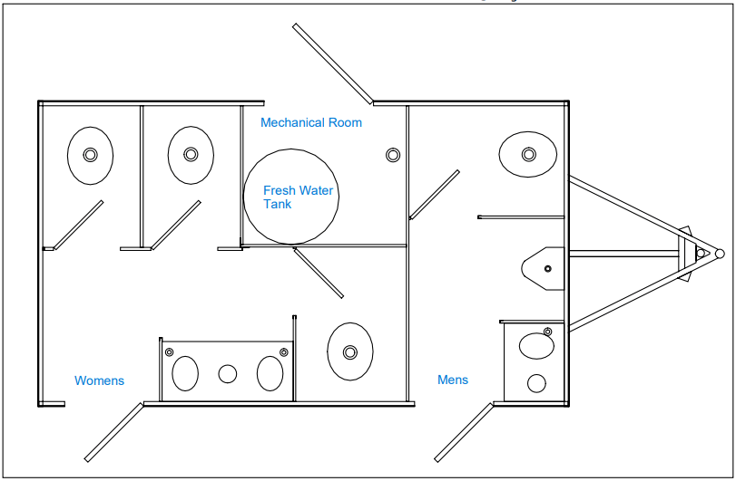 interior floor plan of luxury restroom trailer 5-stall